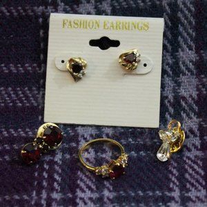 Red and White Rhinestone Heart Ring, Earring, Pin Lot